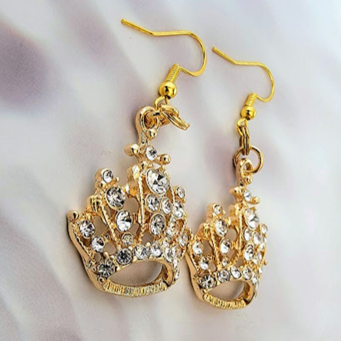 Rhinestone Studded Queen's Crown Earring, Formal Eveningwear Dangle, Special Occasion Jewelry