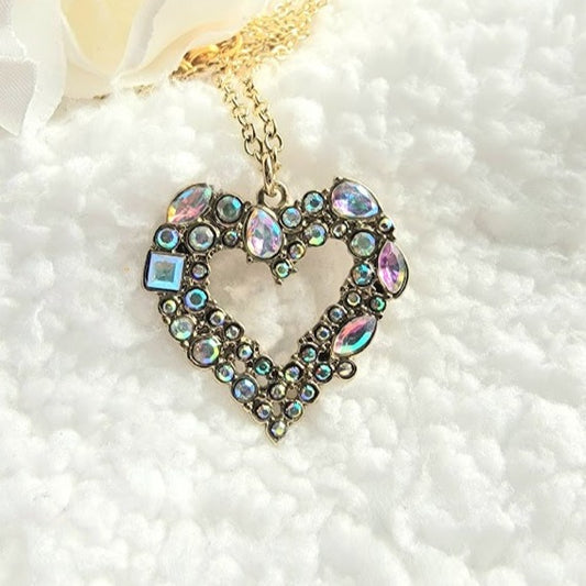 Golden Heart Necklace, Rhinestone Studded Love Pendant