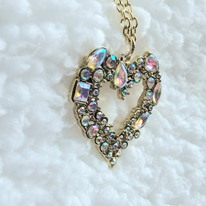 Golden Heart Necklace, Rhinestone Studded Love Pendant