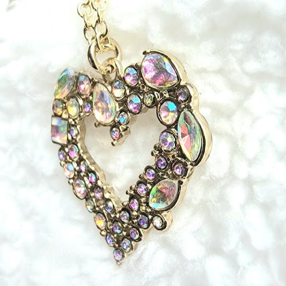 Golden Heart Necklace, Rhinestone Studded Love Pendant