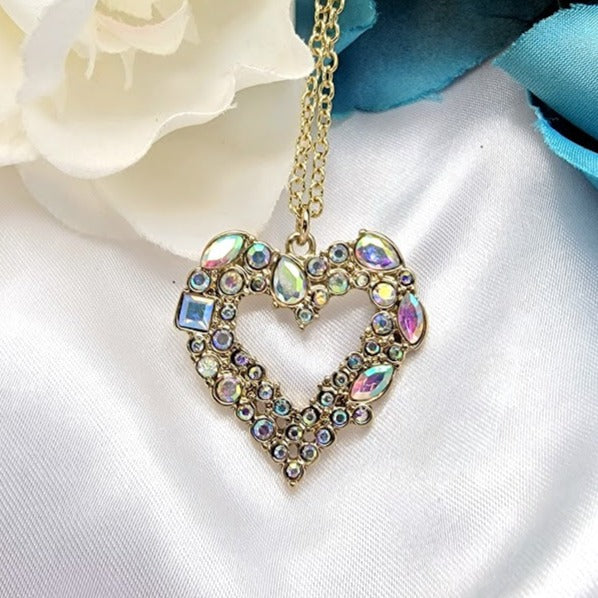 Golden Heart Necklace, Rhinestone Studded Love Pendant