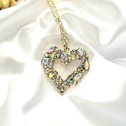 Golden Heart Necklace, Rhinestone Studded Love Pendant