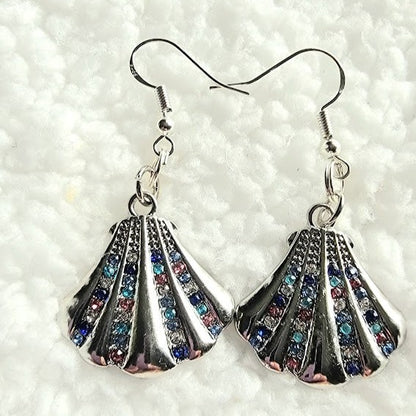 Rhinestone Studded Oyster Earrings, Silver Clam Dangle, Sparkling Beach Fashion Drop