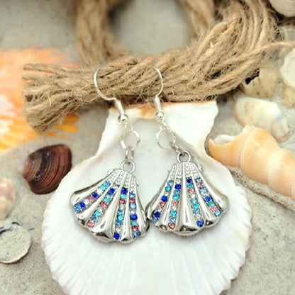 Rhinestone Studded Oyster Earrings, Silver Clam Dangle, Sparkling Beach Fashion Drop