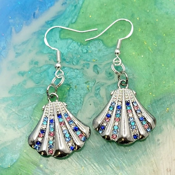 Rhinestone Studded Oyster Earrings, Silver Clam Dangle, Sparkling Beach Fashion Drop