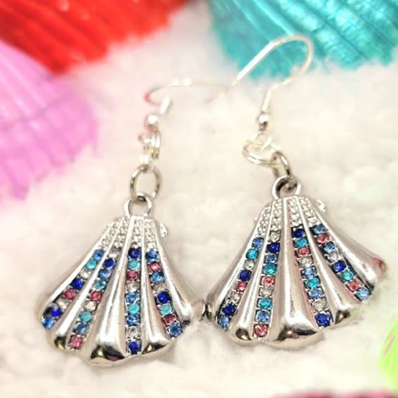 Rhinestone Studded Oyster Earrings, Silver Clam Dangle, Sparkling Beach Fashion Drop