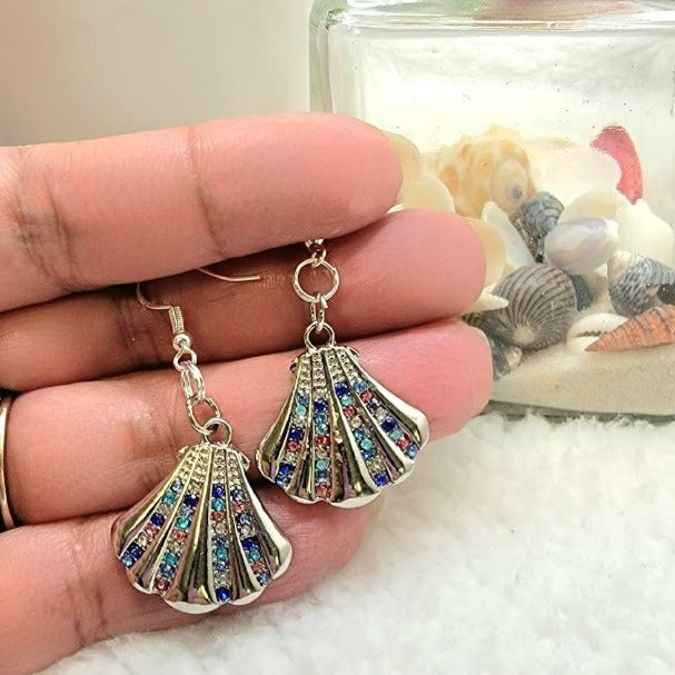 Rhinestone Studded Oyster Earrings, Silver Clam Dangle, Sparkling Beach Fashion Drop