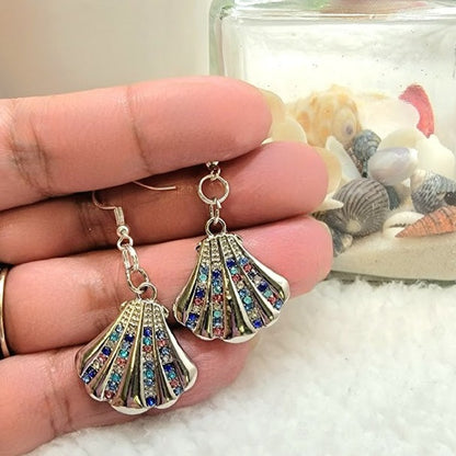 Rhinestone Studded Oyster Earrings, Silver Clam Dangle, Sparkling Beach Fashion Drop