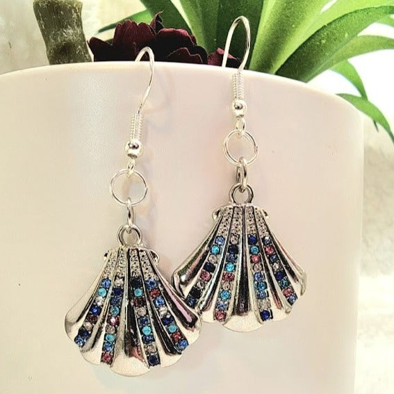 Rhinestone Studded Oyster Earrings, Silver Clam Dangle, Sparkling Beach Fashion Drop