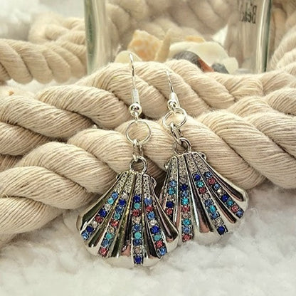 Rhinestone Studded Oyster Earrings, Silver Clam Dangle, Sparkling Beach Fashion Drop