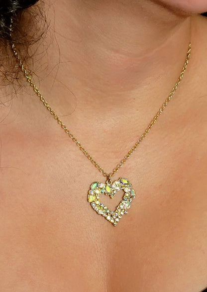 Golden Heart Necklace, Rhinestone Studded Love Pendant