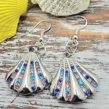 Rhinestone Studded Oyster Earrings, Silver Clam Dangle, Sparkling Beach Fashion Drop