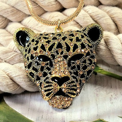 Black Leopard Necklace, Sexy Cougar Pendant, Felidae Cheetah Jewelry