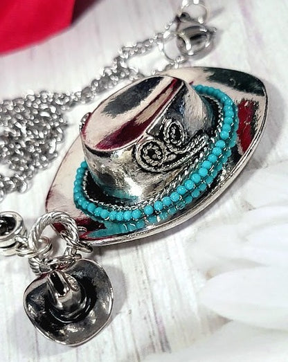 Silver Cowboy Hat Necklace, Western Themed Jewelry, Rugged Charm, Rustic Style Pendant, Perfect Barn Wedding Necklace