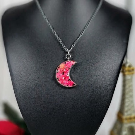 Unique Pink Carnation Bud Necklace, Celestial Moon Phase Pendant