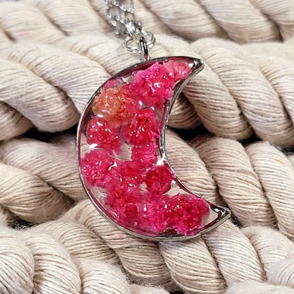 Unique Pink Carnation Bud Necklace, Celestial Moon Phase Pendant