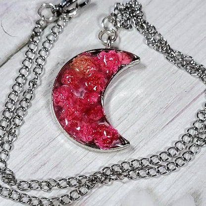 Unique Pink Carnation Bud Necklace, Celestial Moon Phase Pendant