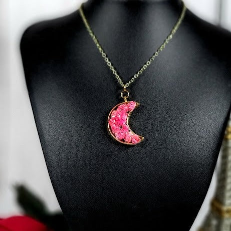 Celestial Pink Floral Necklace, Pink and Gold Crescent Moon Pendant