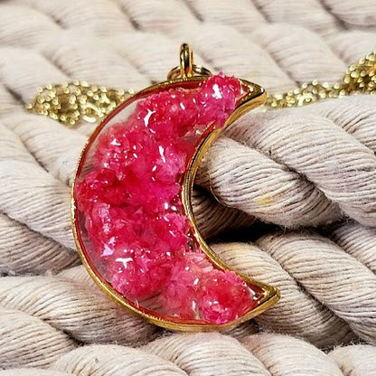 Celestial Pink Floral Necklace, Pink and Gold Crescent Moon Pendant