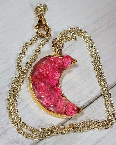 Celestial Pink Floral Necklace, Pink and Gold Crescent Moon Pendant