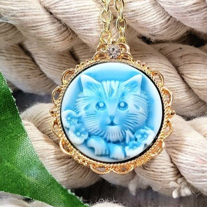 Lovable Blue Kitten Necklace, Pet Inspired Pendant, Elegant Animal Jewelry, Feminine Feline Charm