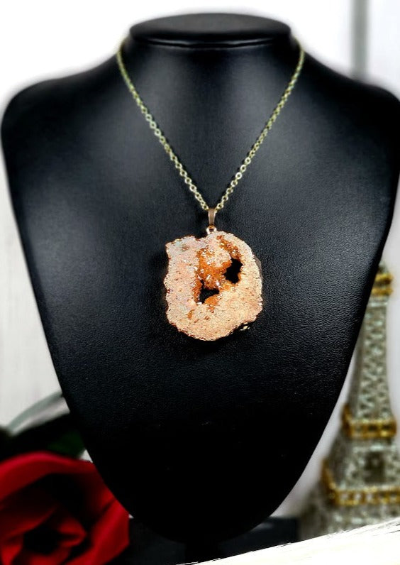 Peach Agate Raw Stone Necklace, Nature Inspired Pendant, Unique Raw Crystal Jewelry