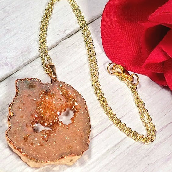 Peach Agate Raw Stone Necklace, Nature Inspired Pendant, Unique Raw Crystal Jewelry