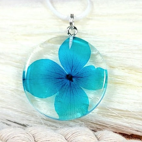 Blue Flower Necklace, Naturally Pressed Teal Petal Dangle