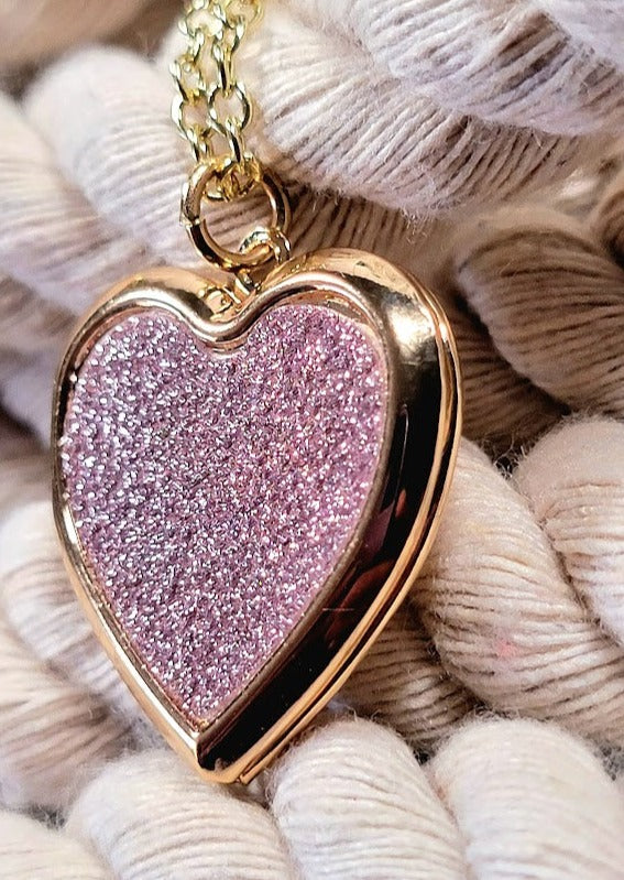 Glittery Pink Heart Locket Necklace