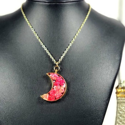 Pink Carnation Buds in Gold Crescent Moon Necklace, Left Facing Celestial Moon Phase Pendant