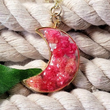 Pink Carnation Buds in Gold Crescent Moon Necklace, Left Facing Celestial Moon Phase Pendant