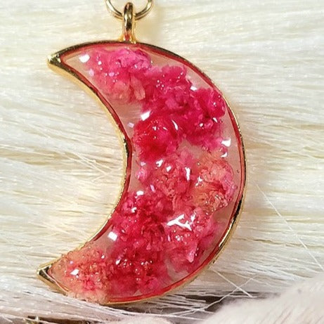 Pink Carnation Buds in Gold Crescent Moon Necklace, Left Facing Celestial Moon Phase Pendant