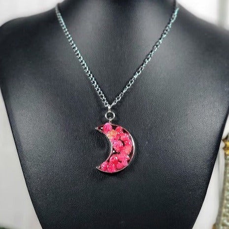 Vibrant Real Pink Carnation Bud 3D Necklace, Silver Crescent Moon Pendant