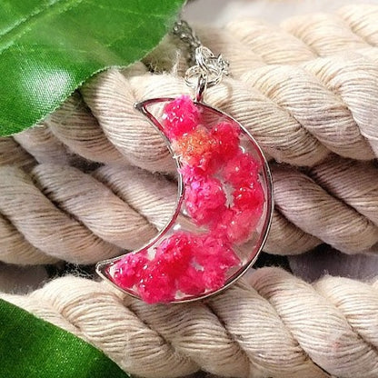 Vibrant Real Pink Carnation Bud 3D Necklace, Silver Crescent Moon Pendant