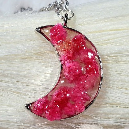 Vibrant Real Pink Carnation Bud 3D Necklace, Silver Crescent Moon Pendant