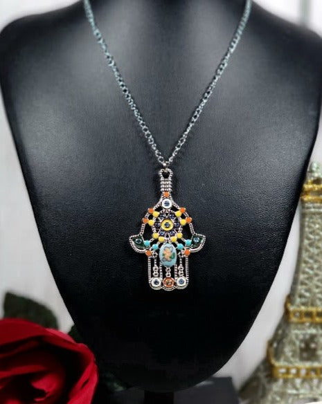 Colgante de mano de paz, Hamsa de plata con joyería de esmalte floral, joyería de símbolo talismánico, signo positivo de protección, inspirado en la era antigua