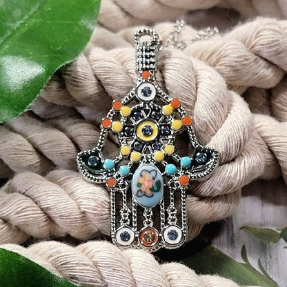 Colgante de mano de paz, Hamsa de plata con joyería de esmalte floral, joyería de símbolo talismánico, signo positivo de protección, inspirado en la era antigua