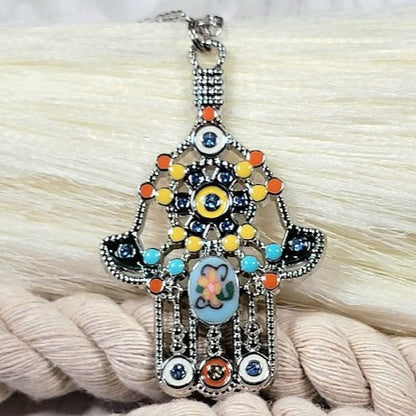 Colgante de mano de paz, Hamsa de plata con joyería de esmalte floral, joyería de símbolo talismánico, signo positivo de protección, inspirado en la era antigua