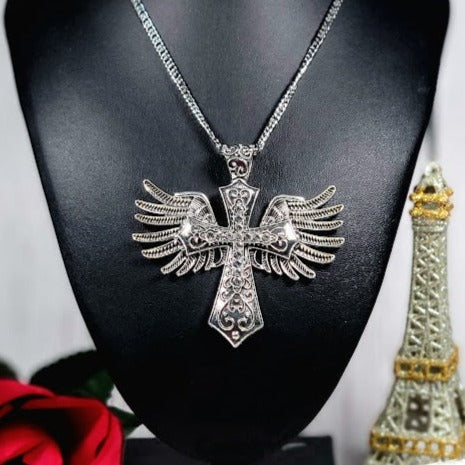 Winged Cross Necklace, Ornate Crucifix, Focal Point Accessory, Artisan Statement Jewelry, Religious Pendant, Angelic Charm, Faith Based