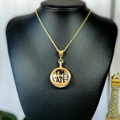 Whimsical Alice in Wonderland inspired gold necklace with "I'M LATE" Engraving