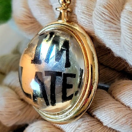 Whimsical Alice in Wonderland inspired gold necklace with "I'M LATE" Engraving