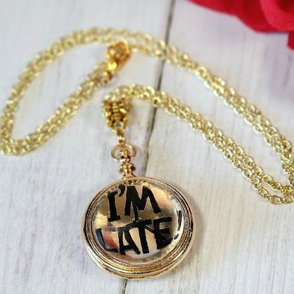 Whimsical Alice in Wonderland inspired gold necklace with "I'M LATE" Engraving