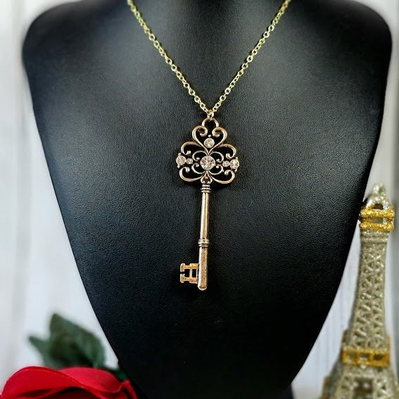 Golden Key Necklace, Elegant Rhinestone Pendant, Vintage Themed Design