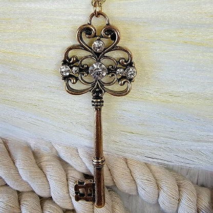 Golden Key Necklace, Elegant Rhinestone Pendant, Vintage Themed Design