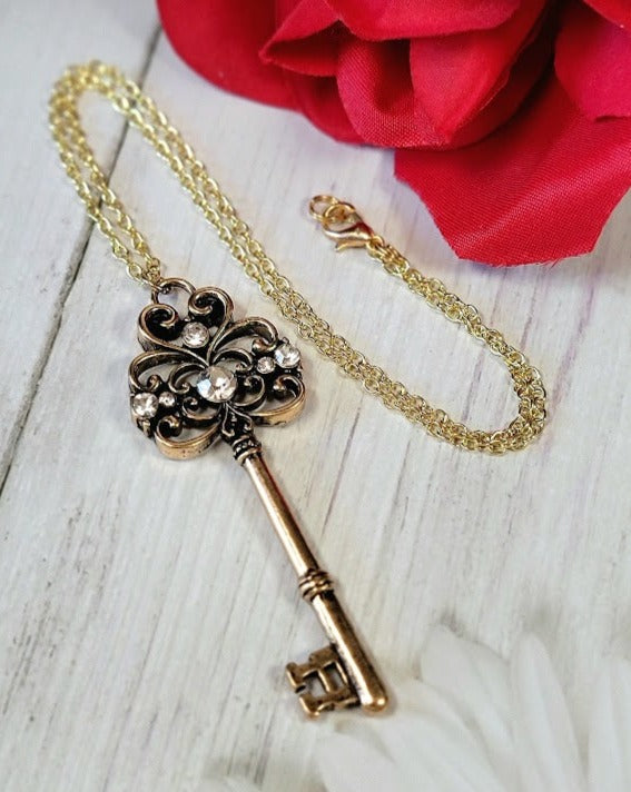 Golden Key Necklace, Elegant Rhinestone Pendant, Vintage Themed Design