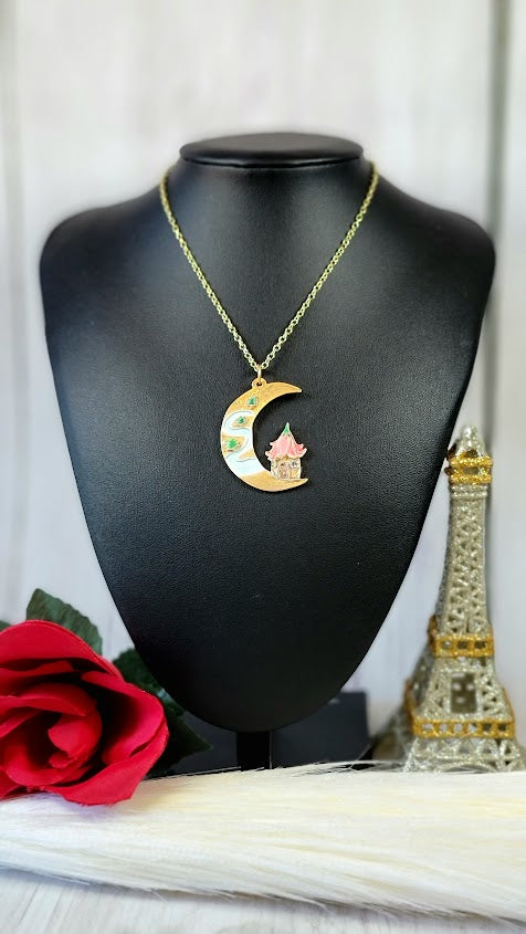 Crescent Moon Fairy Tale Necklace, Pink Flower Roof Pendant, Whimsical Jewelry