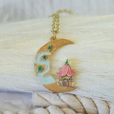 Crescent Moon Fairy Tale Necklace, Pink Flower Roof Pendant, Whimsical Jewelry