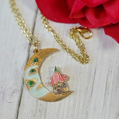 Crescent Moon Fairy Tale Necklace, Pink Flower Roof Pendant, Whimsical Jewelry