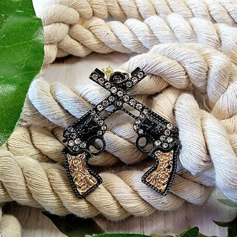 Showdown Pistol Necklace, Double Revolver Pendant, Western Shootout Theme Jewelry, Gunslinger Charms,  Frontier Fashion, Wild West Standoff Jewelry