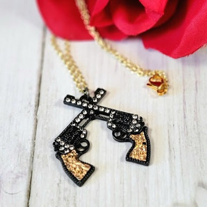 Showdown Pistol Necklace, Double Revolver Pendant, Western Shootout Theme Jewelry, Gunslinger Charms,  Frontier Fashion, Wild West Standoff Jewelry